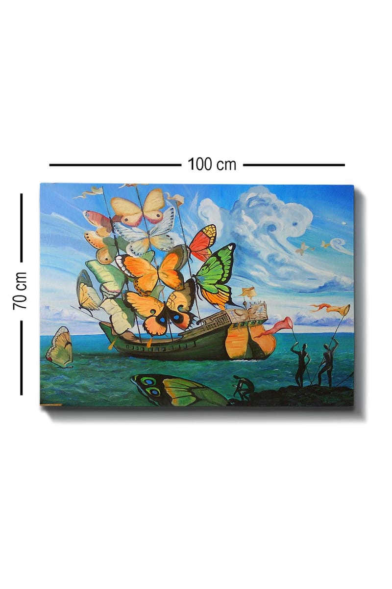 Canvastavla 70x100 cm - Båt fylld med färgglada fjärilar svävar över havet - Orange / Grön / Blå - Inredning - Tavlor & posters - Canvastavla