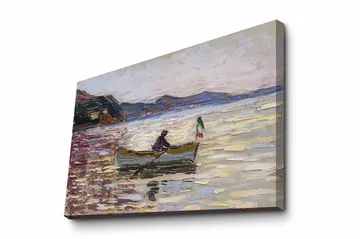 Canvastavla 70x100 cm - Båt med två personer som fiskar på en glittrande sjö under en ljus himmel - Blå / Grön / Beige - Inredning - Tavlor & posters - Canvastavla