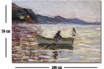 Canvastavla 70x100 cm - Båt med två personer som fiskar på en glittrande sjö under en ljus himmel - Blå / Grön / Beige - Inredning - Tavlor & posters - Canvastavla