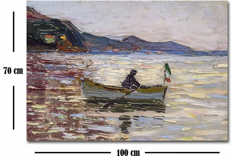 Canvastavla 70x100 cm - Båt med två personer som fiskar på en glittrande sjö under en ljus himmel - Blå / Grön / Beige - Inredning - Tavlor & posters - Canvastavla