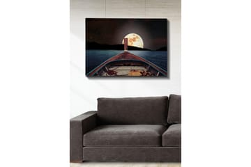 Canvastavla 70x100 cm - Båt som seglar mot en stor, lysande måne på natthimlen - Mörkblå / Brunt / Guld - Inredning - Tavlor & posters - Canvastavla