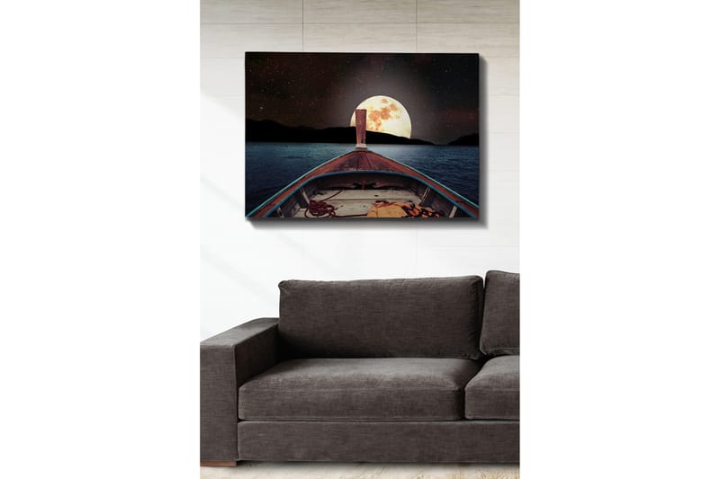 Canvastavla 70x100 cm - Båt som seglar mot en stor, lysande måne på natthimlen - Mörkblå / Brunt / Guld - Inredning - Tavlor & posters - Canvastavla