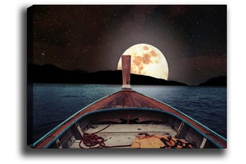 Canvastavla 70x100 cm - Båt som seglar mot en stor, lysande måne på natthimlen - Mörkblå / Brunt / Guld - Inredning - Tavlor & posters - Canvastavla