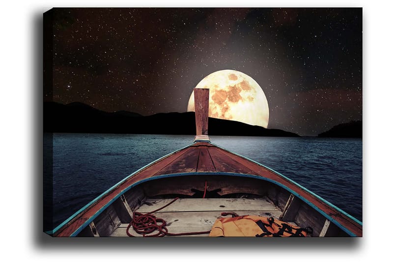 Canvastavla 70x100 cm - Båt som seglar mot en stor, lysande måne på natthimlen - Mörkblå / Brunt / Guld - Inredning - Tavlor & posters - Canvastavla