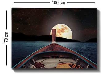 Canvastavla 70x100 cm - Båt som seglar mot en stor, lysande måne på natthimlen - Mörkblå / Brunt / Guld - Inredning - Tavlor & posters - Canvastavla