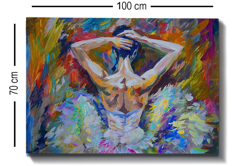 Canvastavla 70x100 cm - Balettdansös sedd bakifrån med uppsatt hår och en elegant klänning i ljusa färger - Vit / Ljusblå / Orange - Inredning - Tavlor & posters - Canvastavla