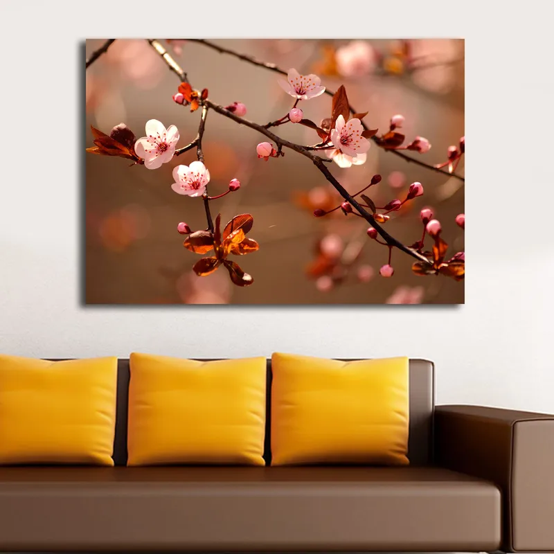 Canvastavla 70x100 cm - Blommande körsbärsgrenar med rosa blommor och bruna blad - Rosa / Brun - Inredning - Tavlor & posters - Canvastavla