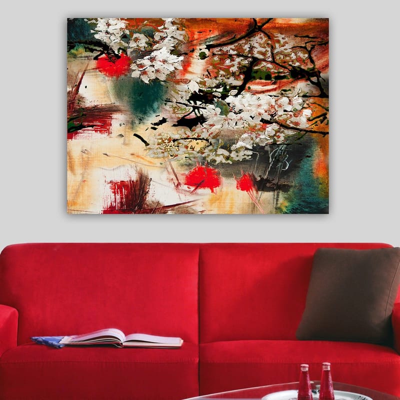 Canvastavla 70x100 cm - Blommande körsbärsträd i en abstrakt komposition med starka färger - Vit / Röd / Orange - Inredning - Tavlor & posters - Canvastavla