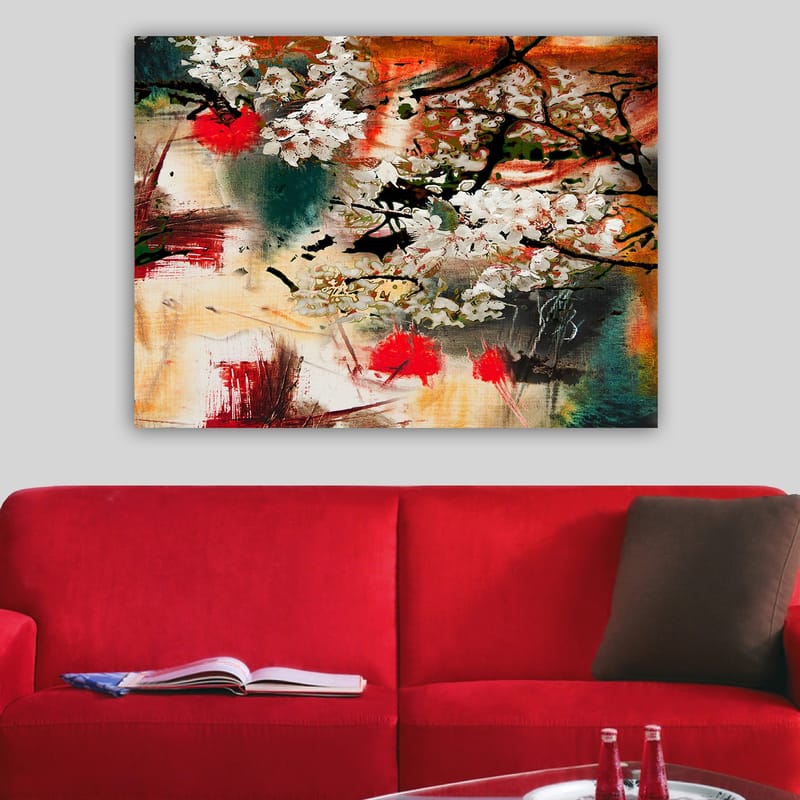 Canvastavla 70x100 cm - Blommande körsbärsträd i en abstrakt komposition med starka färger - Vit / Röd / Orange - Inredning - Tavlor & posters - Canvastavla