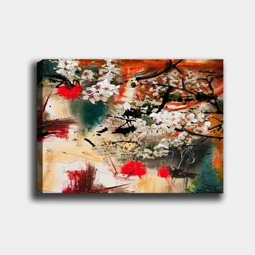 Canvastavla 70x100 cm - Blommande körsbärsträd i en abstrakt komposition med starka färger - Vit / Röd / Orange - Inredning - Tavlor & posters - Canvastavla
