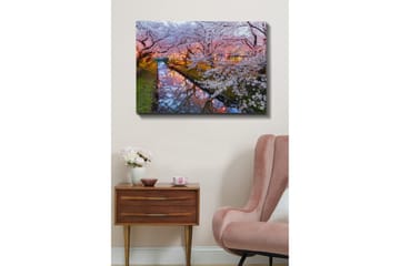 Canvastavla 70x100 cm - Blommande körsbärsträd vid en stilla kanal i skymningen - Rosa / Vitt / Grönt - Inredning - Tavlor & posters - Canvastavla