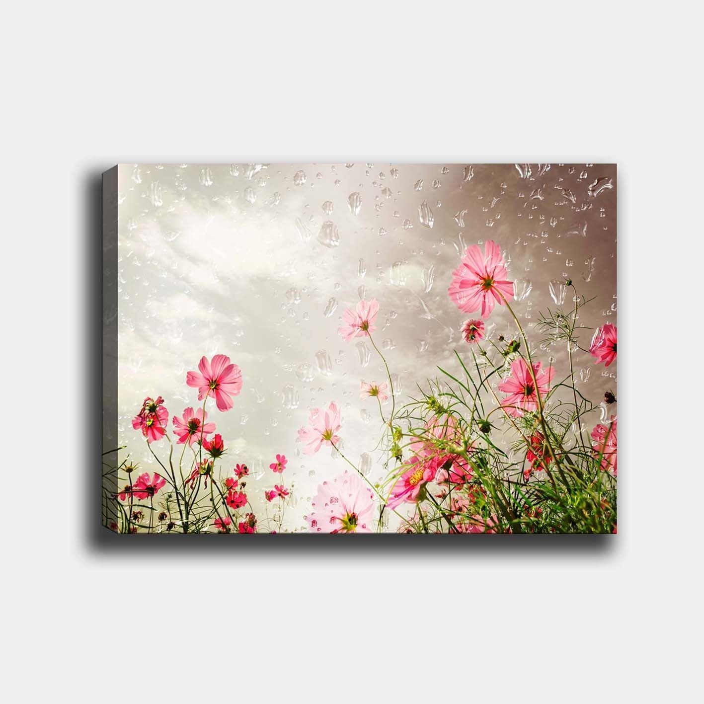 Canvastavla 70x100 cm - Blommor i olika nyanser av rosa som växer mot en dämpad bakgrund - Rosa / Grön