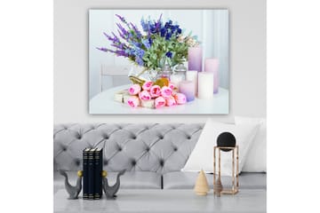 Canvastavla 70x100 cm - Blomsterarrangemang med rosa rosor och lila blommor i en vit vas - Rosa / Lila / Grön - Inredning - Tavlor & posters - Canvastavla
