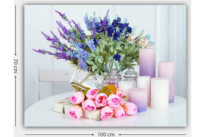 Canvastavla 70x100 cm - Blomsterarrangemang med rosa rosor och lila blommor i en vit vas - Rosa / Lila / Grön - Inredning - Tavlor & posters - Canvastavla