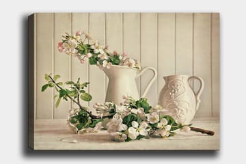Canvastavla 70x100 cm - Blomsterarrangemang med vita kannor och grenar i en stillsam komposition - Vit / Ljusrosa / Grön - Inredning - Tavlor & posters - Canvastavla