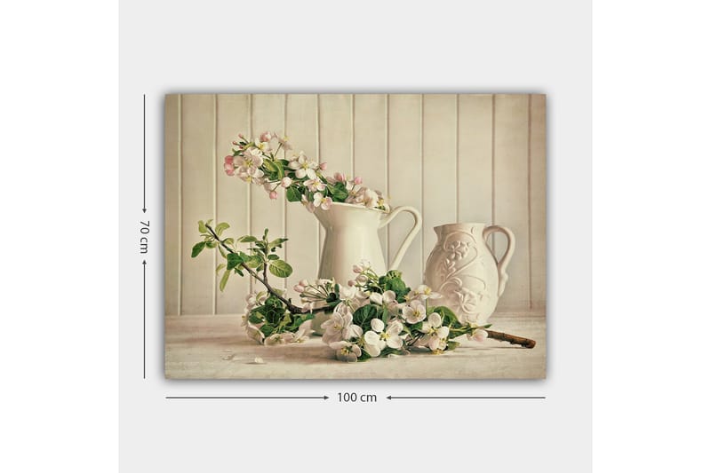 Canvastavla 70x100 cm - Blomsterarrangemang med vita kannor och grenar i en stillsam komposition - Vit / Ljusrosa / Grön - Inredning - Tavlor & posters - Canvastavla