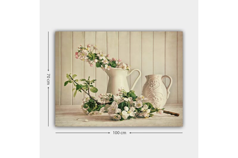 Canvastavla 70x100 cm - Blomsterarrangemang med vita kannor och grenar i en stillsam komposition - Vit / Ljusrosa / Grön - Inredning - Tavlor & posters - Canvastavla