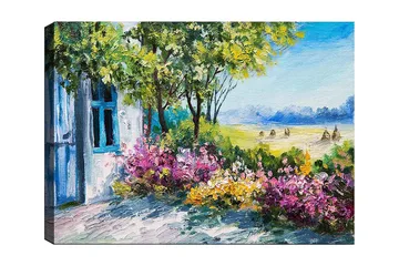 Canvastavla 70x100 cm - Blomstrande trädgård med ett hus och grönskande träd i bakgrunden - Grön / Rosa / Gul - Inredning - Tavlor & posters - Canvastavla