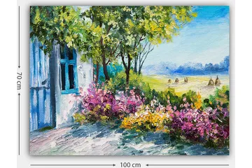 Canvastavla 70x100 cm - Blomstrande trädgård med ett hus och grönskande träd i bakgrunden - Grön / Rosa / Gul - Inredning - Tavlor & posters - Canvastavla