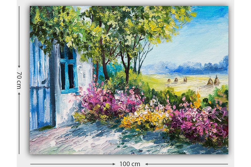 Canvastavla 70x100 cm - Blomstrande trädgård med ett hus och grönskande träd i bakgrunden - Grön / Rosa / Gul - Inredning - Tavlor & posters - Canvastavla
