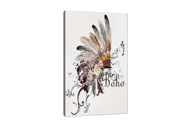 Canvastavla 70x100 cm - Bohemisk fjäderhuvudbonad med blommor och dekorativa element - Beige / Brun / Rosa - Inredning - Tavlor & posters - Canvastavla