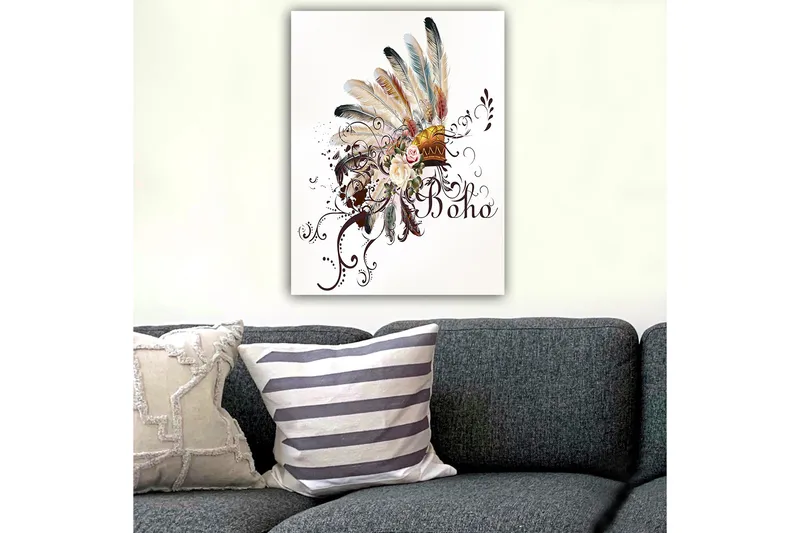 Canvastavla 70x100 cm - Bohemisk fjäderhuvudbonad med blommor och dekorativa element - Beige / Brun / Rosa - Inredning - Tavlor & posters - Canvastavla