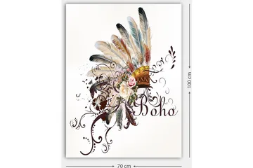 Canvastavla 70x100 cm - Bohemisk fjäderhuvudbonad med blommor och dekorativa element - Beige / Brun / Rosa - Inredning - Tavlor & posters - Canvastavla