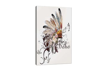 Canvastavla 70x100 cm - Bohemisk fjäderhuvudbonad med blommor och dekorativa element - Beige / Brun / Rosa - Inredning - Tavlor & posters - Canvastavla