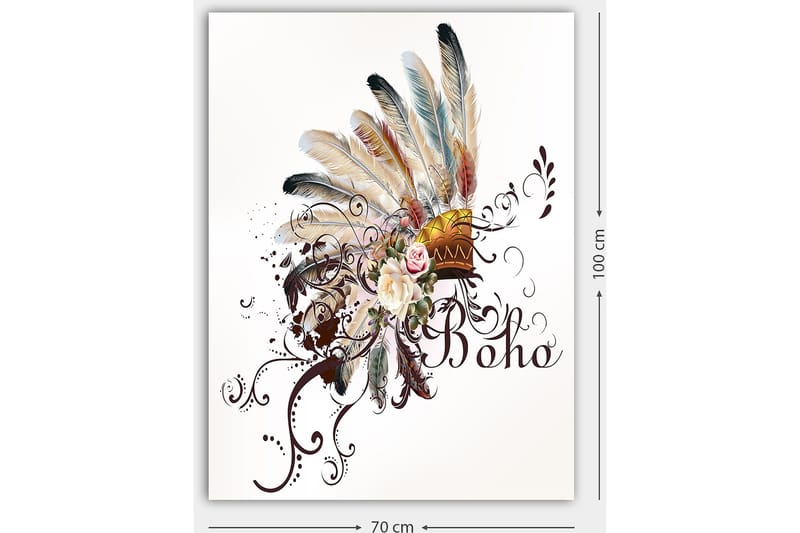 Canvastavla 70x100 cm - Bohemisk fjäderhuvudbonad med blommor och dekorativa element - Beige / Brun / Rosa - Inredning - Tavlor & posters - Canvastavla