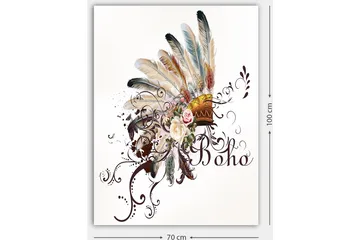 Canvastavla 70x100 cm - Bohemisk fjäderhuvudbonad med blommor och dekorativa element - Beige / Brun / Rosa - Inredning - Tavlor & posters - Canvastavla