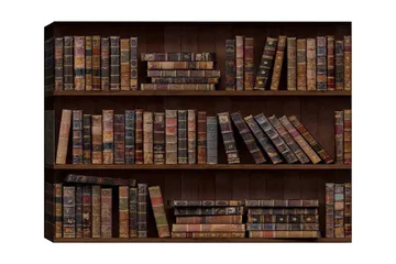 Canvastavla 70x100 cm - Bokhylla fylld med gamla böcker i olika storlekar och färger - Mörkbrun / Beige / Mörkgrön - Inredning - Tavlor & posters - Canvastavla