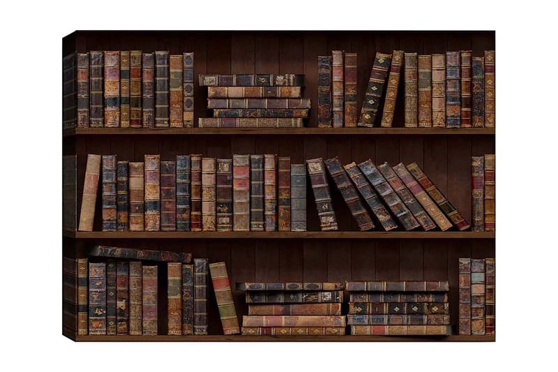 Canvastavla 70x100 cm - Bokhylla fylld med gamla böcker i olika storlekar och färger, Mörkbrun / Beige / Mörkgrön