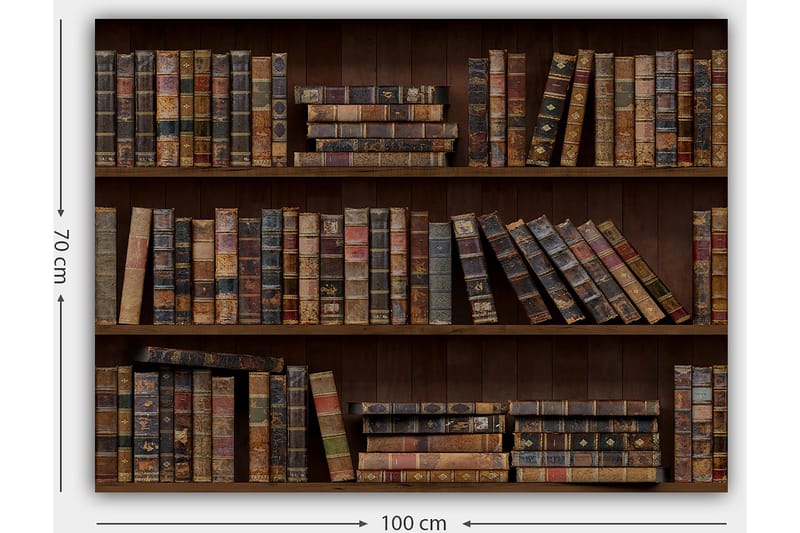 Canvastavla 70x100 cm - Bokhylla fylld med gamla böcker i olika storlekar och färger - Mörkbrun / Beige / Mörkgrön - Inredning - Tavlor & posters - Canvastavla