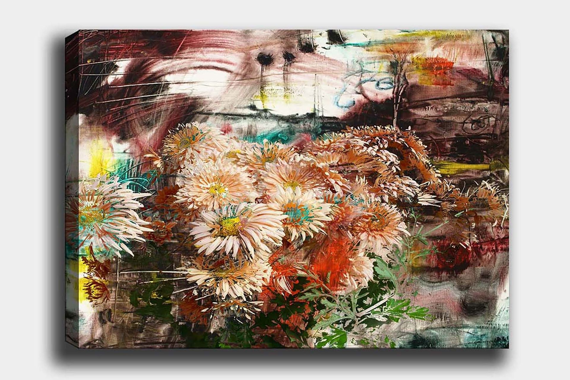 Canvastavla 70x100 cm - Bukett av blommor i olika nyanser av rosa och orange - Rosa / Orange / Grön