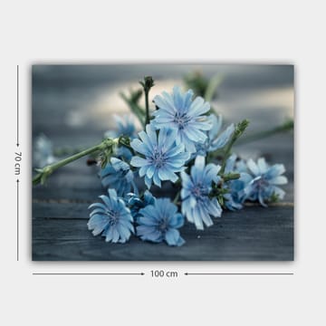 Canvastavla 70x100 cm - Bukett av ljusblå blommor som ligger på en mörk yta - Ljusblå / Grön - Inredning - Tavlor & posters - Canvastavla