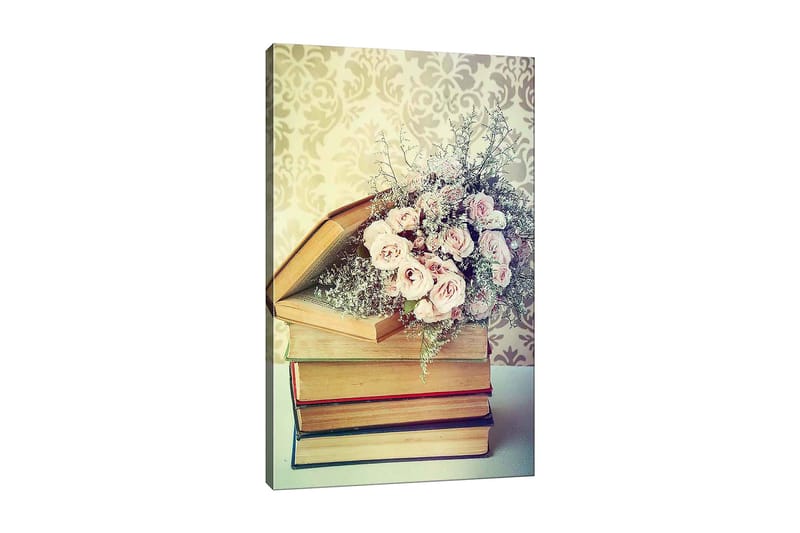 Canvastavla 70x100 cm - Bukett av rosa rosor placerad ovanpå en hög av böcker, Rosa / Beige / Grön