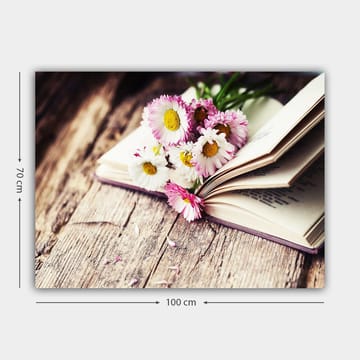 Canvastavla 70x100 cm - Bukett med blommor placerad på en öppen bok - Vit / Rosa / Gul - Inredning - Tavlor & posters - Canvastavla