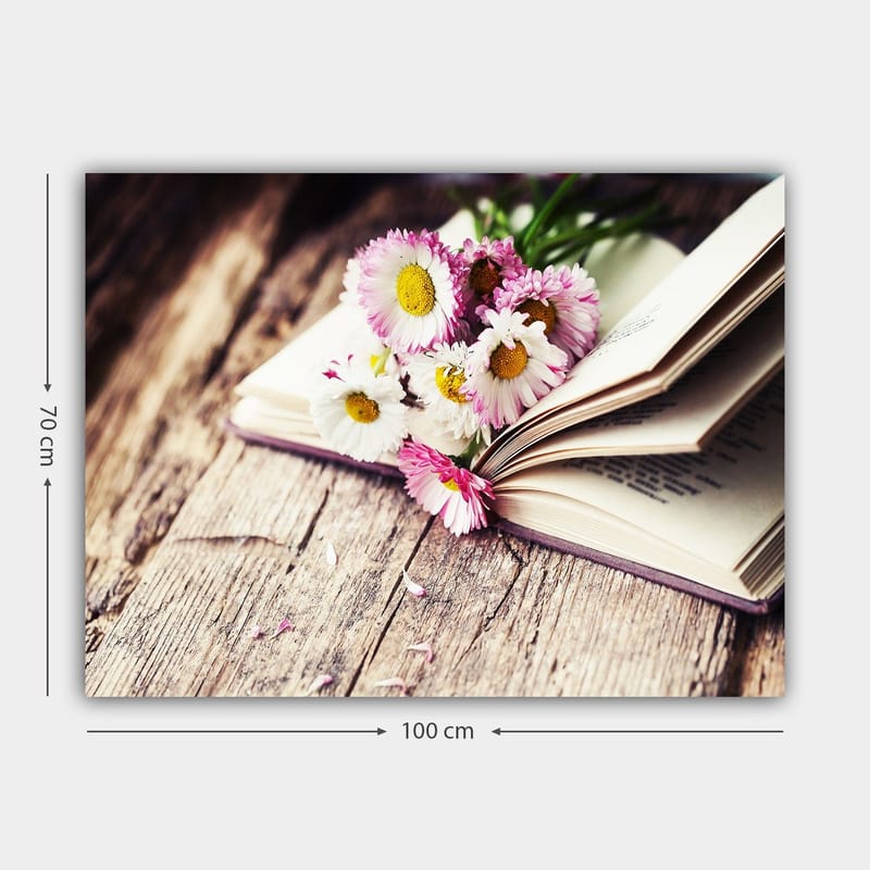 Canvastavla 70x100 cm - Bukett med blommor placerad på en öppen bok - Vit / Rosa / Gul - Inredning - Tavlor & posters - Canvastavla