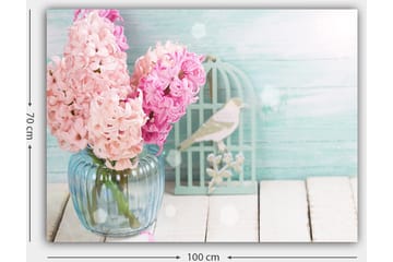 Canvastavla 70x100 cm - Bukett med rosa hyacinter i en glasvas - Rosa / Ljusblå / Grön - Inredning - Tavlor & posters - Canvastavla