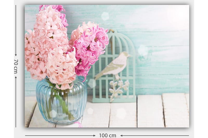 Canvastavla 70x100 cm - Bukett med rosa hyacinter i en glasvas - Rosa / Ljusblå / Grön - Inredning - Tavlor & posters - Canvastavla