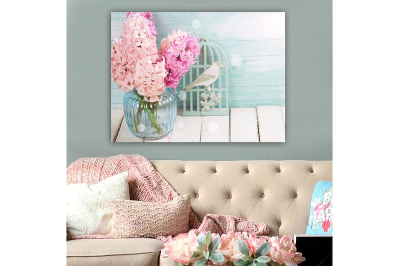 Canvastavla 70x100 cm - Bukett med rosa hyacinter i en glasvas - Rosa / Ljusblå / Grön - Inredning - Tavlor & posters - Canvastavla