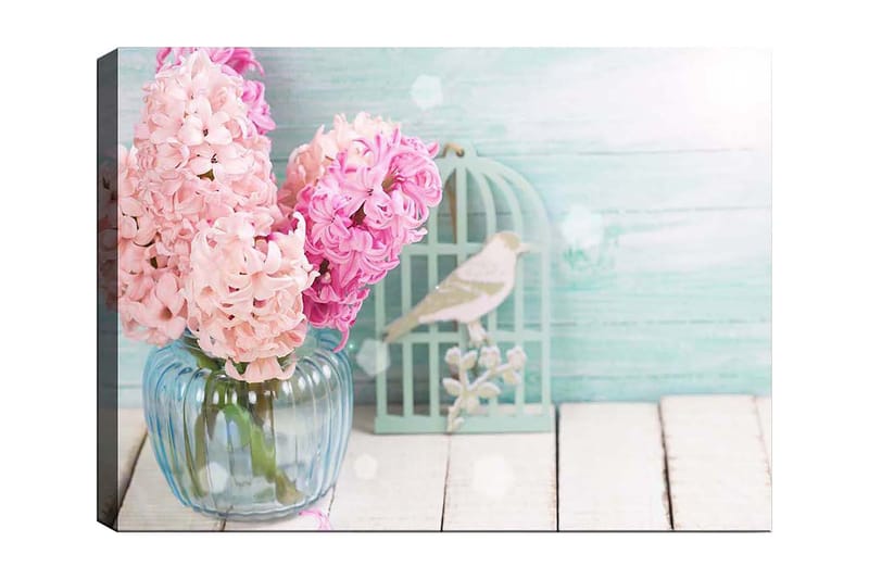Canvastavla 70x100 cm - Bukett med rosa hyacinter i en glasvas, Rosa / Ljusblå / Grön