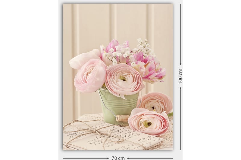 Canvastavla 70x100 cm - Bukett med rosa ranunkler i en grön kruka - Rosa / Grön / Vit - Inredning - Tavlor & posters - Canvastavla