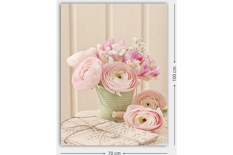 Canvastavla 70x100 cm - Bukett med rosa ranunkler i en grön kruka - Rosa / Grön / Vit - Inredning - Tavlor & posters - Canvastavla