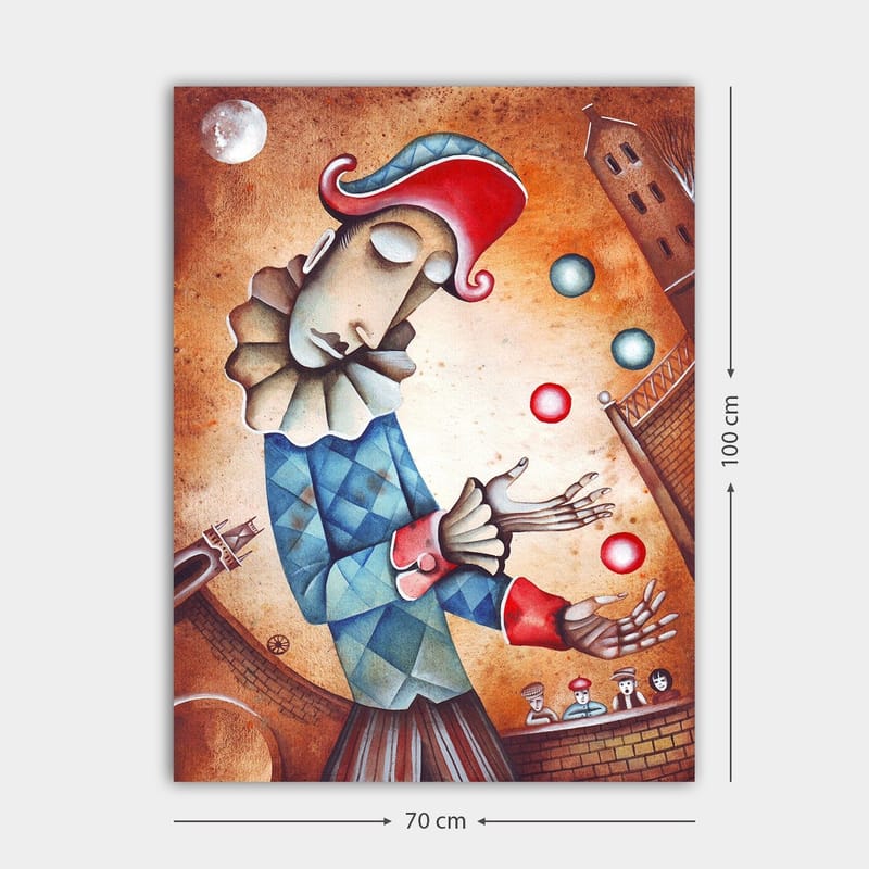 Canvastavla 70x100 cm - Clown som jonglerar med färgglada bollar - Blå / Röd / Beige - Inredning - Tavlor & posters - Canvastavla
