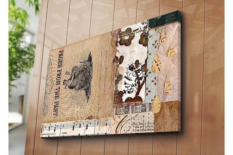 Canvastavla 70x100 cm - Collage av gamla bokblad och dekorativa mönster med en central figur som framhäver nostalgi och historia - Beige / Brun / Svart - Inredning - Tavlor & posters - Canvastavla