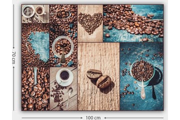 Canvastavla 70x100 cm - Collage av kaffebönor och kaffekoppar som framhäver kaffets olika aspekter och presentationer - Mörkbrun / Beige / Turkos - Inredning - Tavlor & posters - Canvastavla
