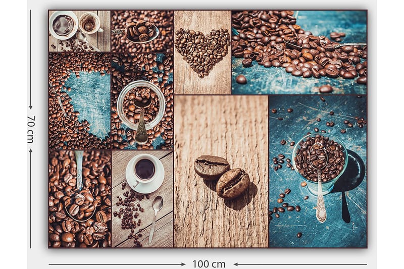 Canvastavla 70x100 cm - Collage av kaffebönor och kaffekoppar som framhäver kaffets olika aspekter och presentationer - Mörkbrun / Beige / Turkos - Inredning - Tavlor & posters - Canvastavla