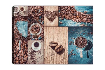 Canvastavla 70x100 cm - Collage av kaffebönor och kaffekoppar som framhäver kaffets olika aspekter och presentationer - Mörkbrun / Beige / Turkos - Inredning - Tavlor & posters - Canvastavla