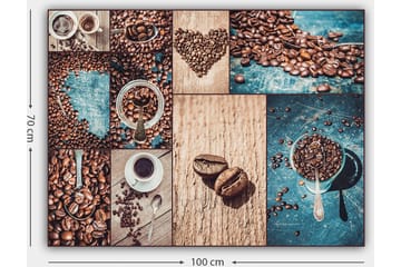 Canvastavla 70x100 cm - Collage av kaffebönor och kaffekoppar som framhäver kaffets olika aspekter och presentationer - Mörkbrun / Beige / Turkos - Inredning - Tavlor & posters - Canvastavla